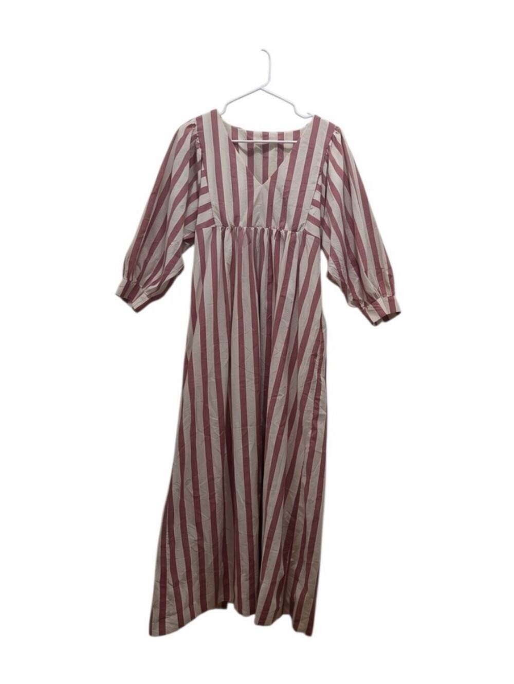 Marine Layer Alani Poplin Maxi Dress Pink White Vertical Striped Puff Sleeve M
